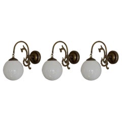 Three French Art Deco Brass Opaline Glass Wall Sconces, 1930s, Indoor or Outdoor