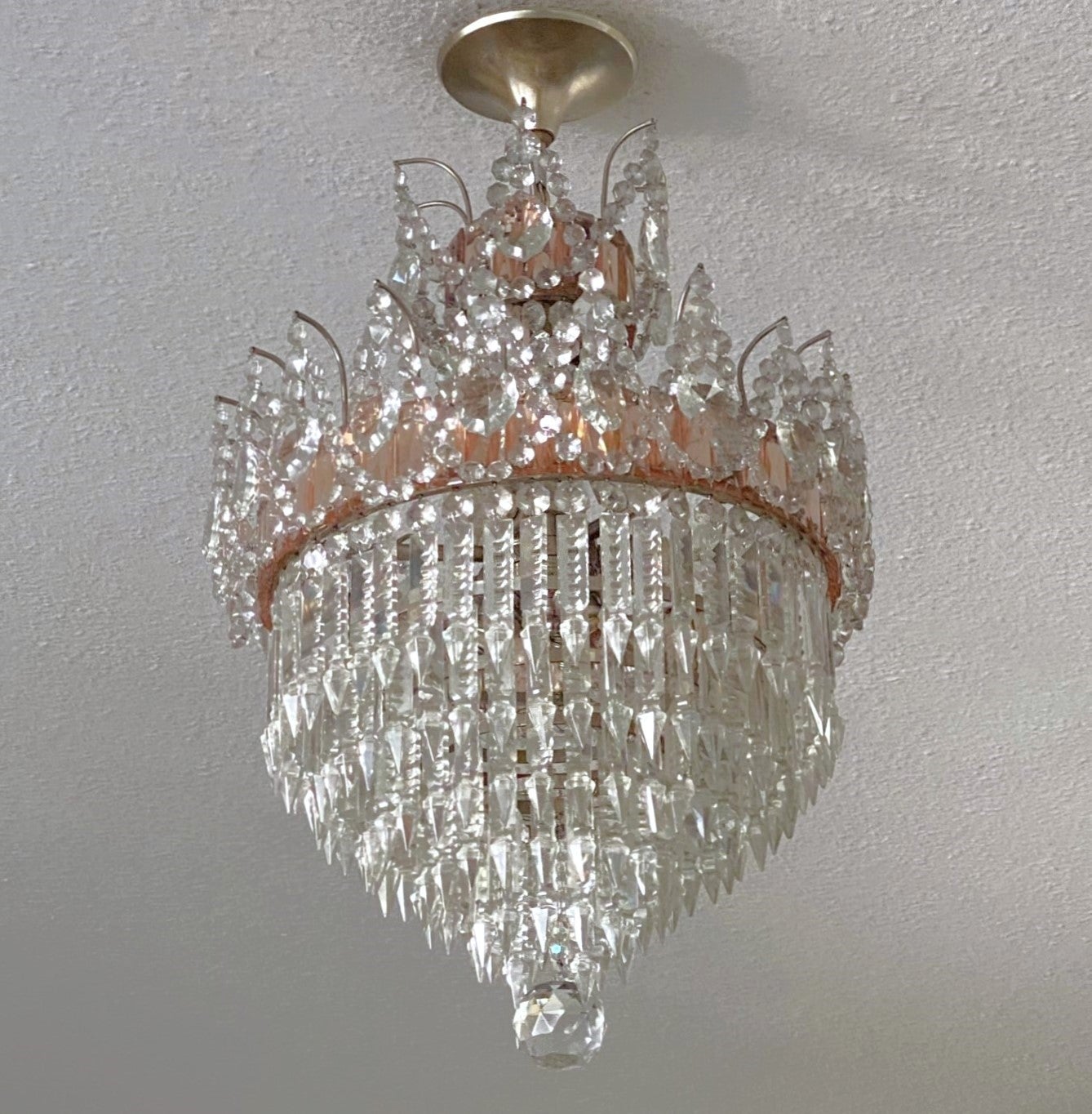 French Cut Clear Pink Crystal Waterfall Seven-Light Flush Mount Chandelier 1930s For Sale
