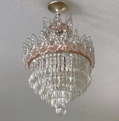 Retro French Cut Clear Pink Crystal Waterfall Seven-Light Flush Mount Chandelier 1930s
