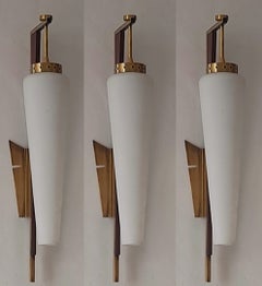 Three Stilnovo Wall Sconces Glass Brass, Italy, 1950s