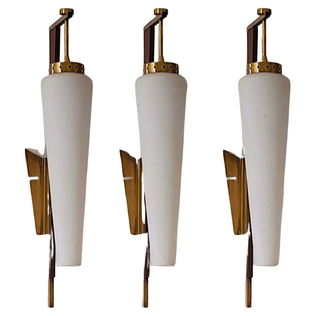 Three Stilnovo Wall Sconces Glass Brass, Italy, 1950s 4