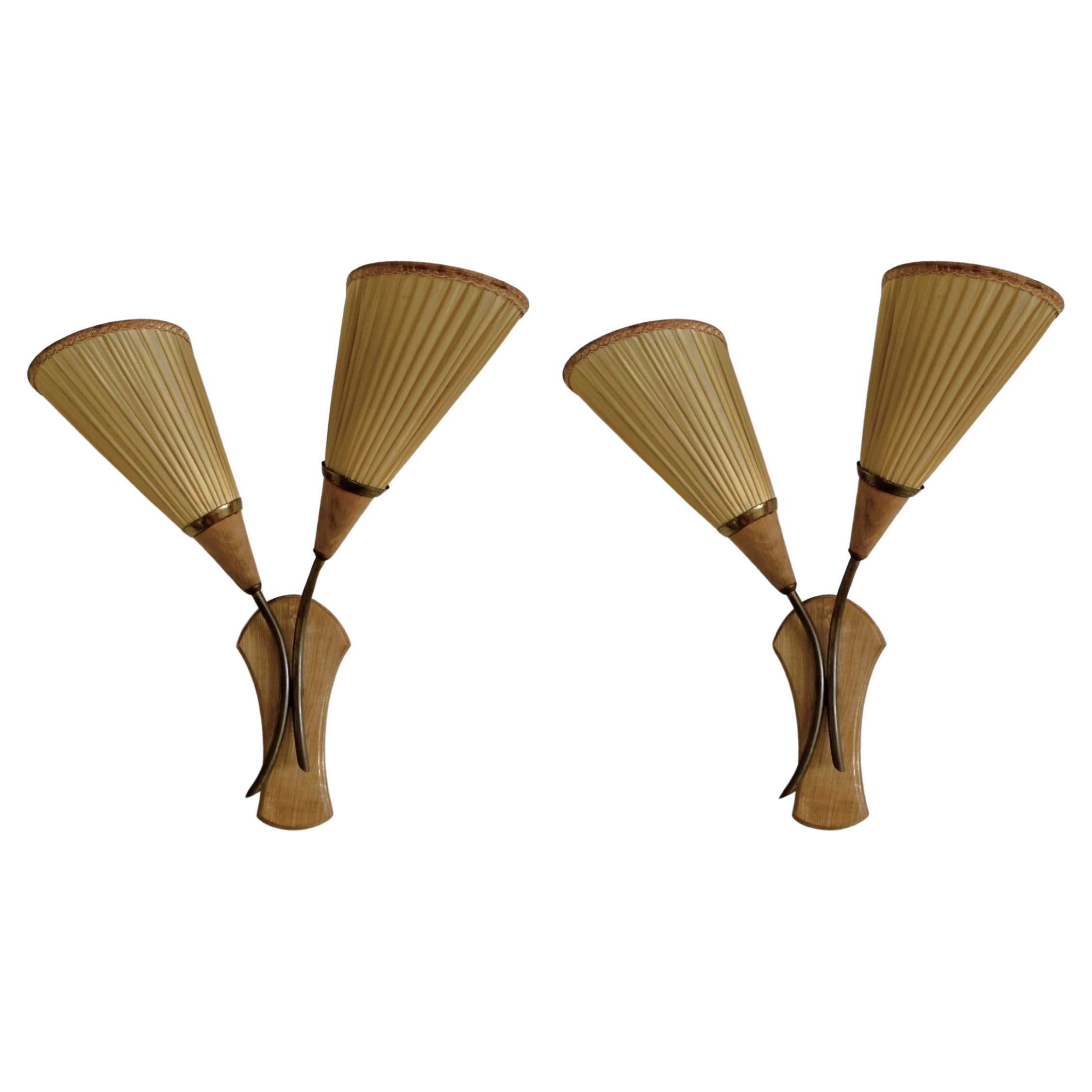 Pair Swedish Midcentury Pine Brass Two-Light Wall Sconces, Pleated Shades, 1940s