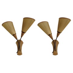 Vintage Pair Swedish Midcentury Pine Brass Two-Light Wall Sconces, Pleated Shades, 1940s