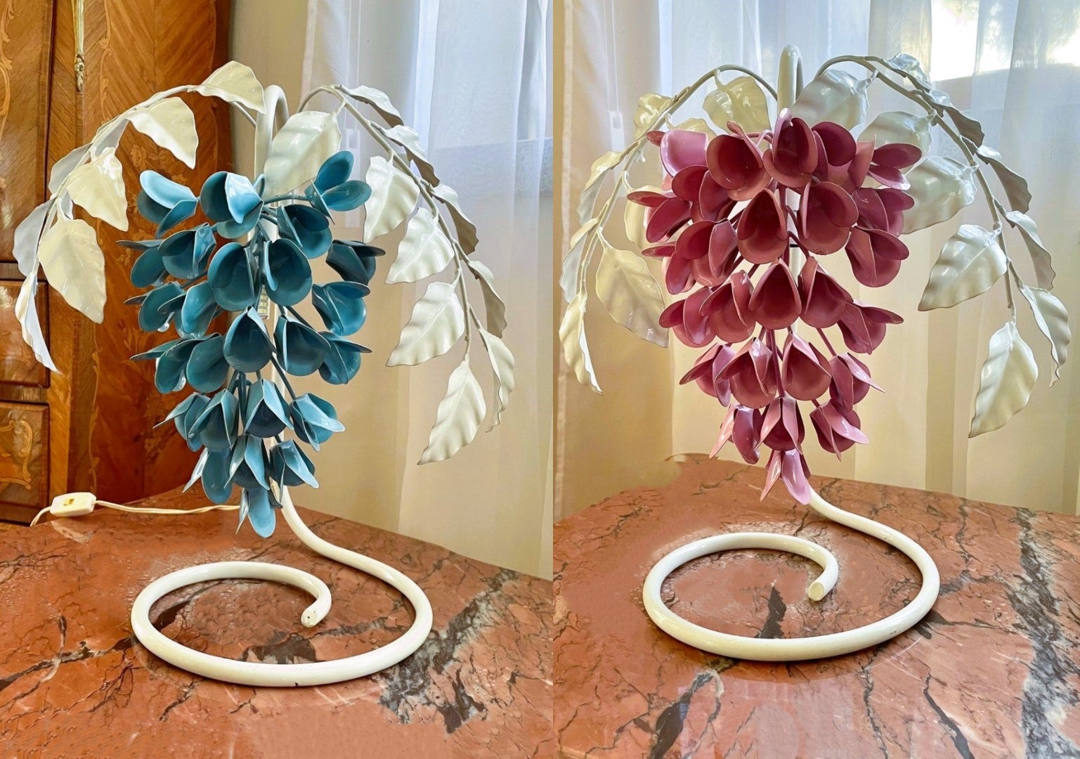 Pair Table Lamps by Sergio Terzani, Italy, 1970s Wisteria Enameled Metal Lamps For Sale