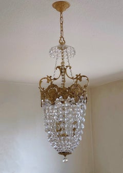 Antique Unique French Gilt Bronze Crystal Three-Light Lantern or Chandelier, 1910-1920