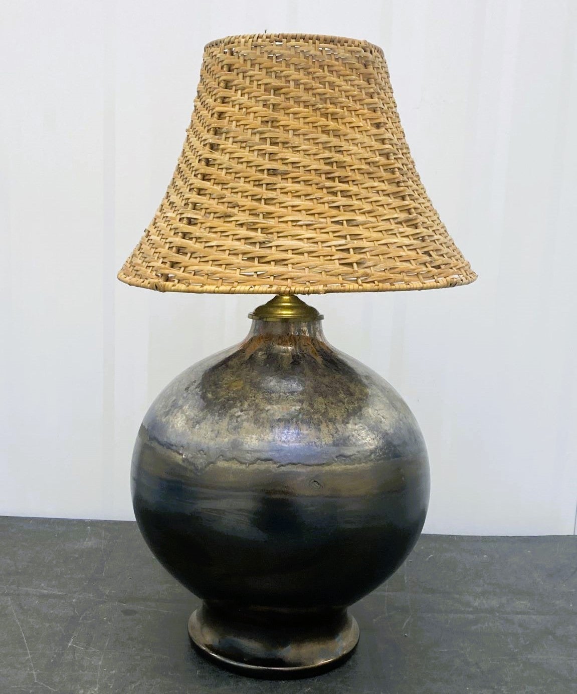 Danish Unique Handcrafted Glazed Ceramic Table Lamp Wicker Shade, Denmark, 1960s
