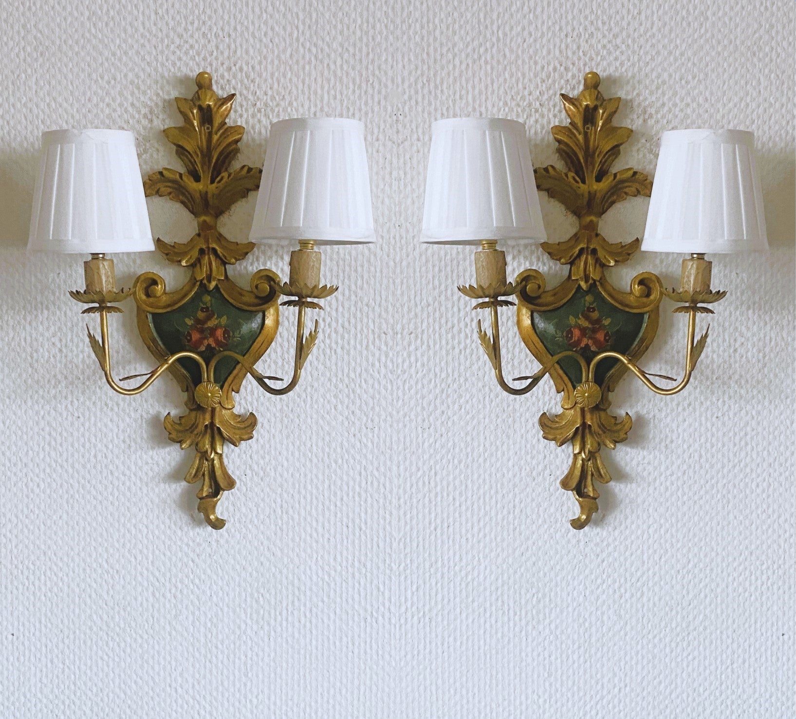 Pair of French Gilt Wrought Iron Carved Wood Two-Arm Electrified Wall Sconces