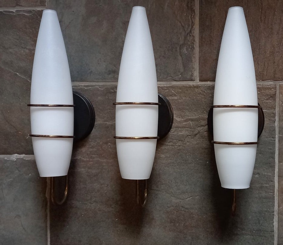 Mid-Century Modern Three Stilnovo Style Brass Satin Glass Wall Sconces, Italy, 1950s For Sale