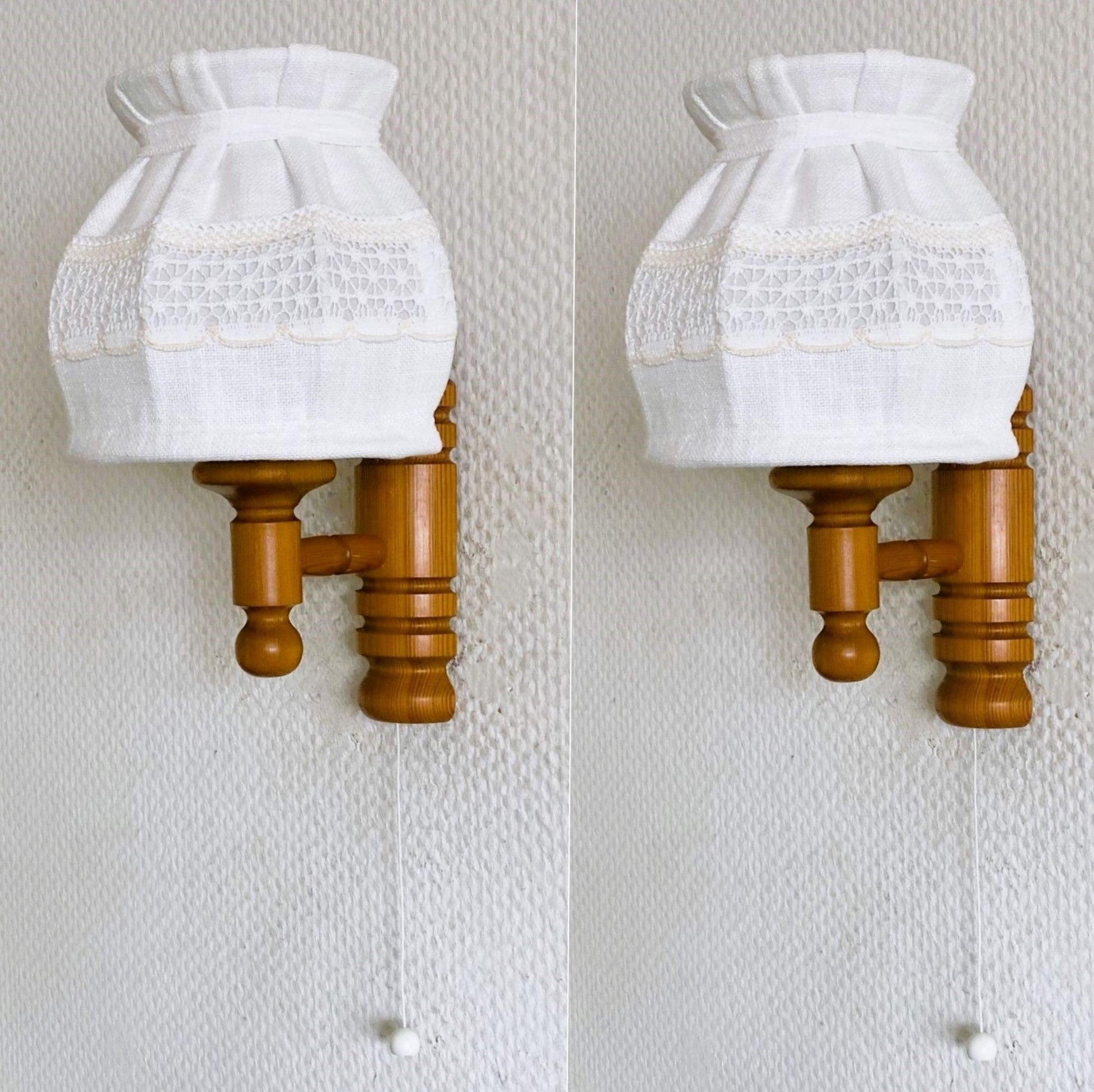 Pair Swedish Pine Wood Sconces Wall Lights with Linen Shades, Sweden, 1960s