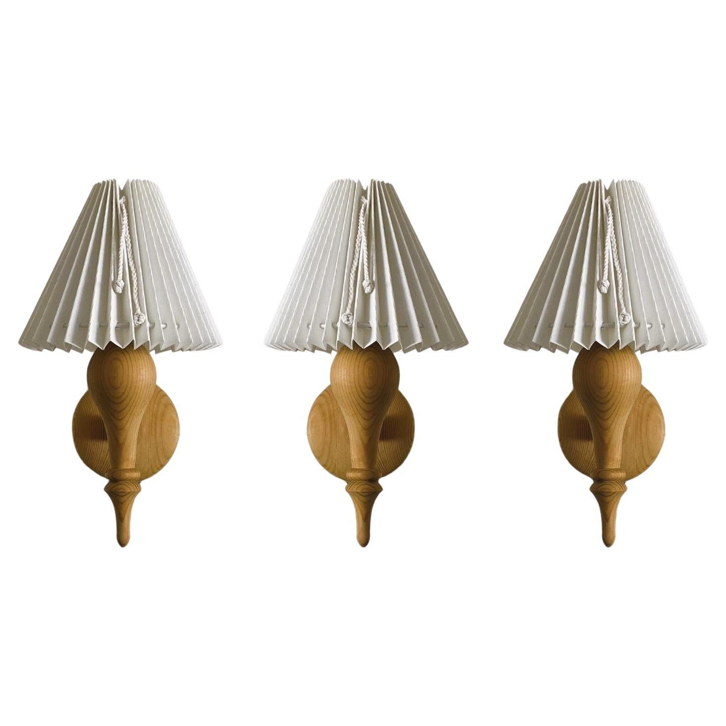 Set of Three Swedish Designer Pine Wall Sconces Pleated Shades, Sweden, 1960s