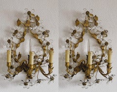 Pair of Italian Gilt Wrought Iron Crystal Flower Thee-Light Wall Sconces, 1930s