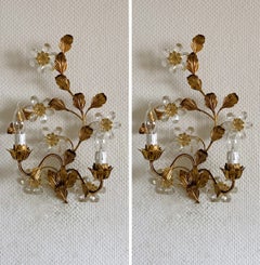 Pair of Italian Gilt Wrought Iron Crystal Flower Two-Light Wall Sconces, 1940s
