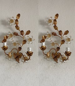 Pair of Italian Gilt Wrought Iron Crystal Flower Two-Light Wall Sconces, 1940s