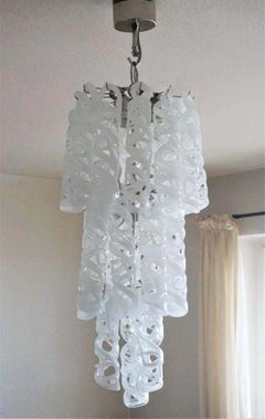 Vistosi White to Clear Murano Glass Spiral Six-Light Chandelier, Italy 1960s