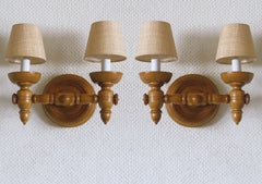 Pair of French Carved Wood Two-Light Wall Lamps by Charles Dudouyt, 1950s