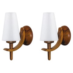 Pair Swedish Designer Pine Wood Wall lamps with Pleated Shades, Sweden, 1970s