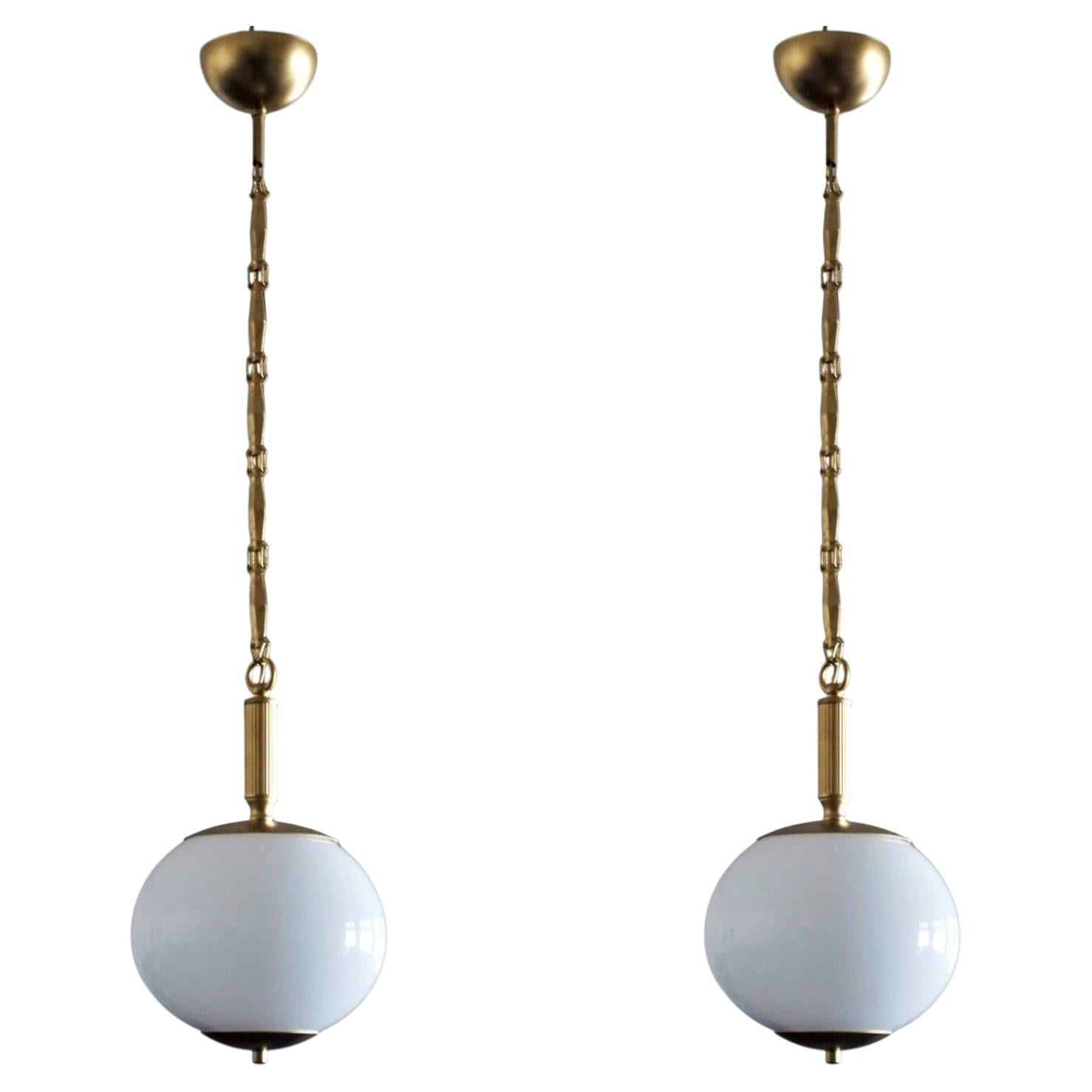 Pair of Italian Art Deco Opaline Glass and Brass Pendants, 1950s