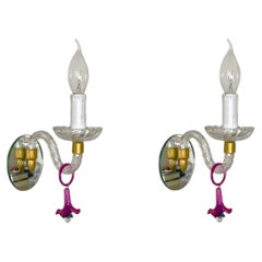 Pair of Mid-Century Murano Glass Tulip Wall Sconces Brass Mounted, Italy, 1950s