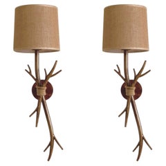 Pair Tall Scandinavian Faux-Antler Wall Lamps Juta Fabric Shades, Denmark, 1970s