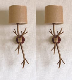 Pair Tall Scandinavian Faux-Antler Wall Lamps Juta Fabric Shades, Denmark, 1970s