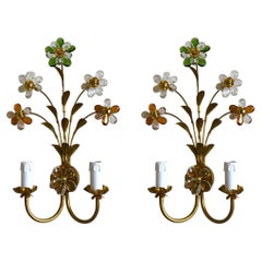 Pair Maison Baguès Style Wrought Iron Crystal Flower Wall Sconces, France, 1920s
