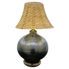 Danish Glazed Pottery Table Lamp With Rattan Shade, Denmark, 1960s