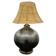 Danish Glazed Pottery Table Lamp With Rattan Shade, Denmark, 1960s