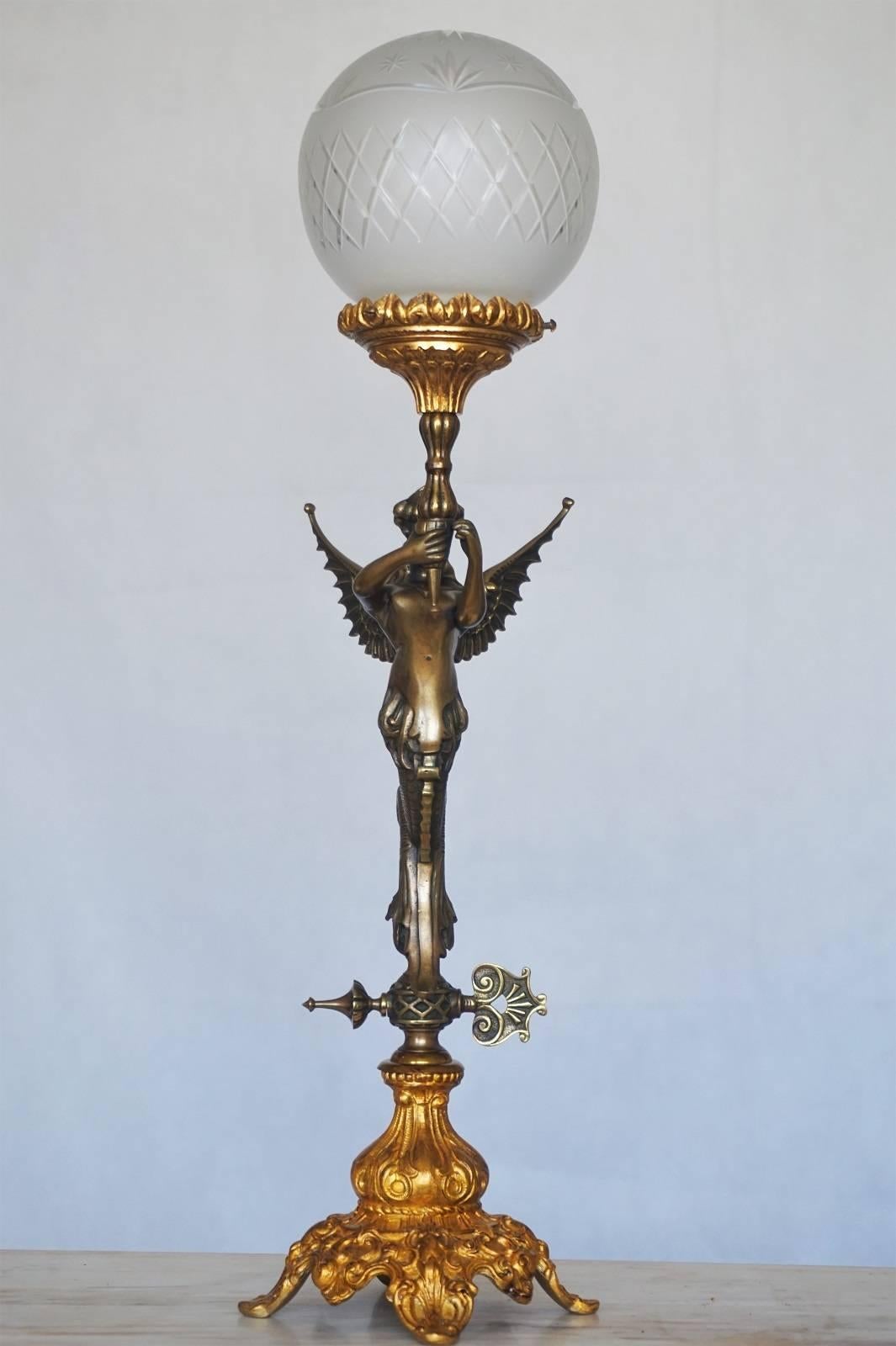 French Late 19th Century Empire Style Figural Table Lamp Candelabra with Gilt Accents