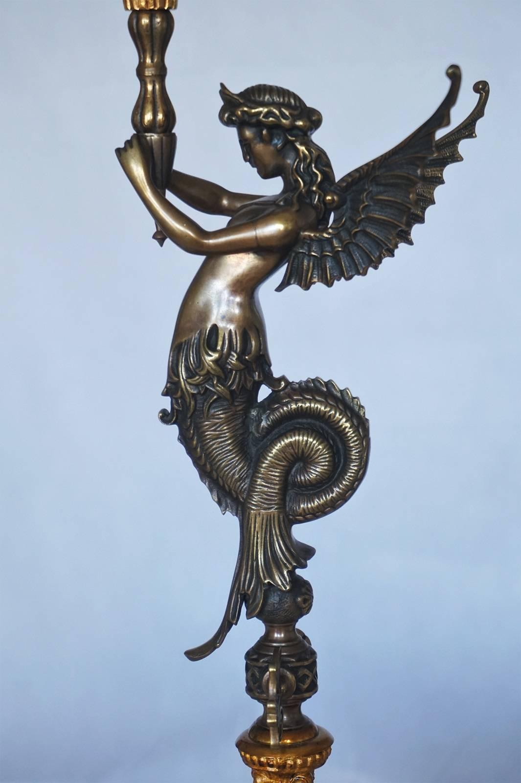 Bronze Late 19th Century Empire Style Figural Table Lamp Candelabra with Gilt Accents