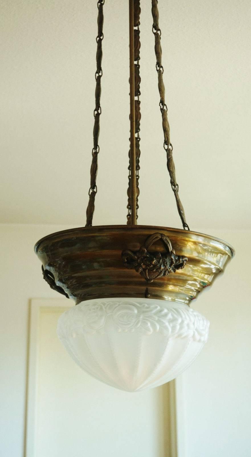 French Art Nouveau Style Brass Pendant, Lantern with Frosted Glass Shade, circa 1920