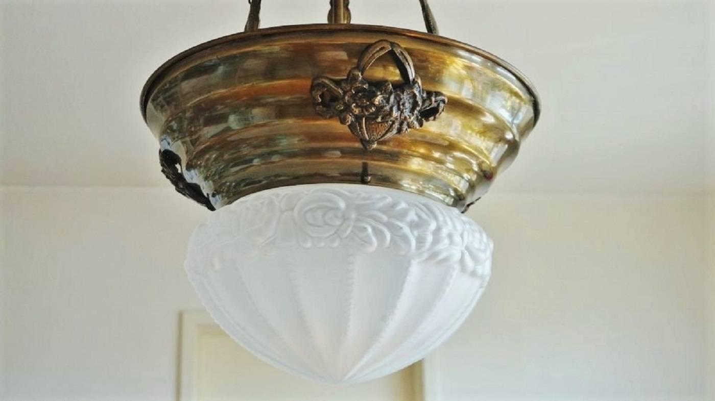 Art Nouveau Style Brass Pendant, Lantern with Frosted Glass Shade, circa 1920 1