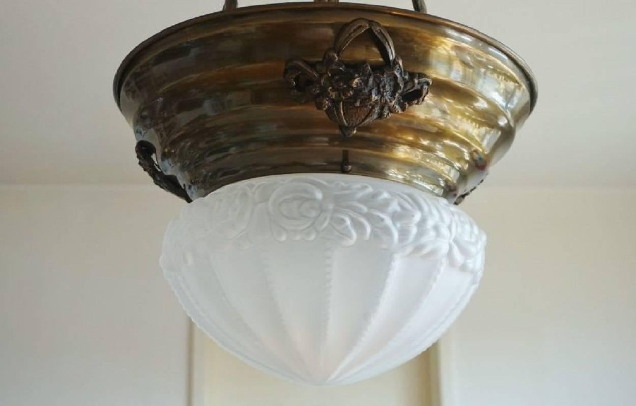 Art Nouveau Style Brass Pendant, Lantern with Frosted Glass Shade, circa 1920 2