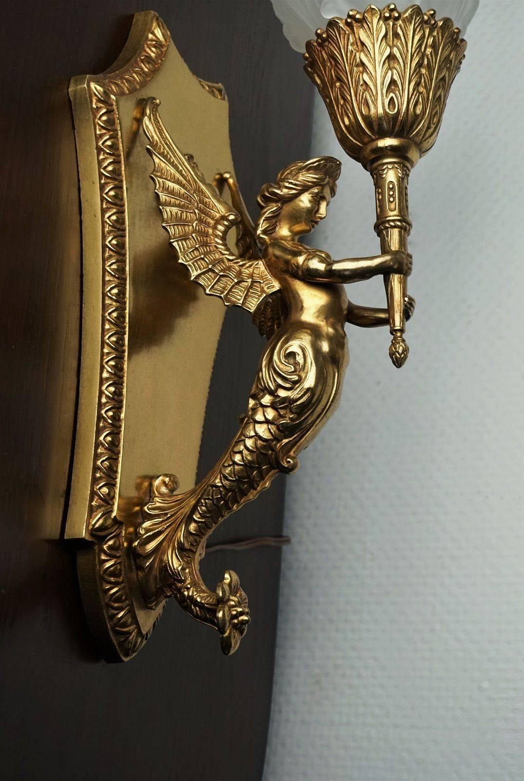 Frosted 19th Century French Empire Winged Figural Wall Sconce Candelabra Bronze Glass