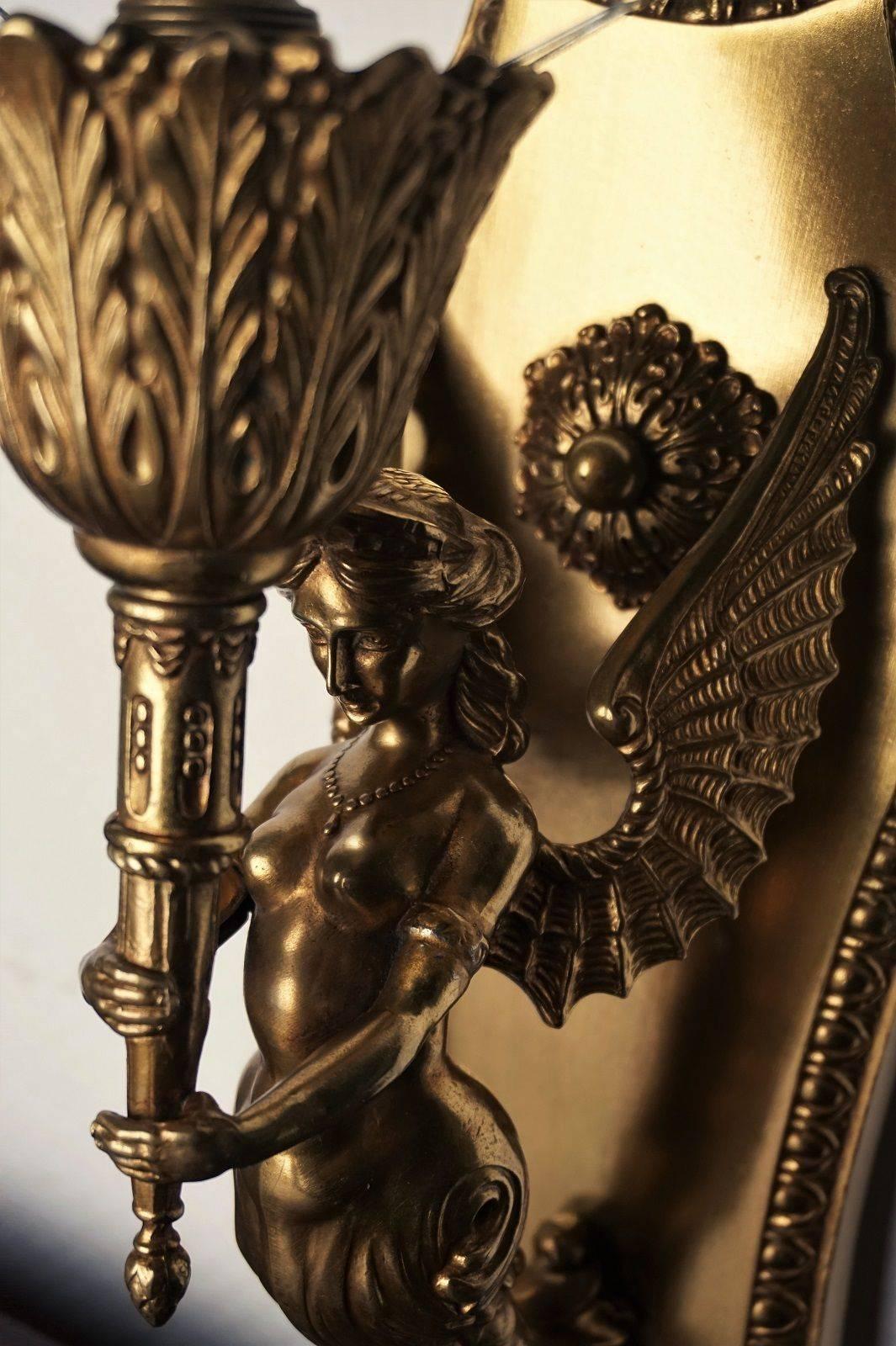 19th Century French Empire Winged Figural Wall Sconce Candelabra Bronze Glass 1