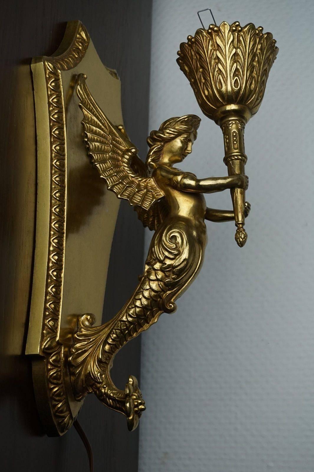 19th Century French Empire Winged Figural Wall Sconce Candelabra Bronze Glass 3