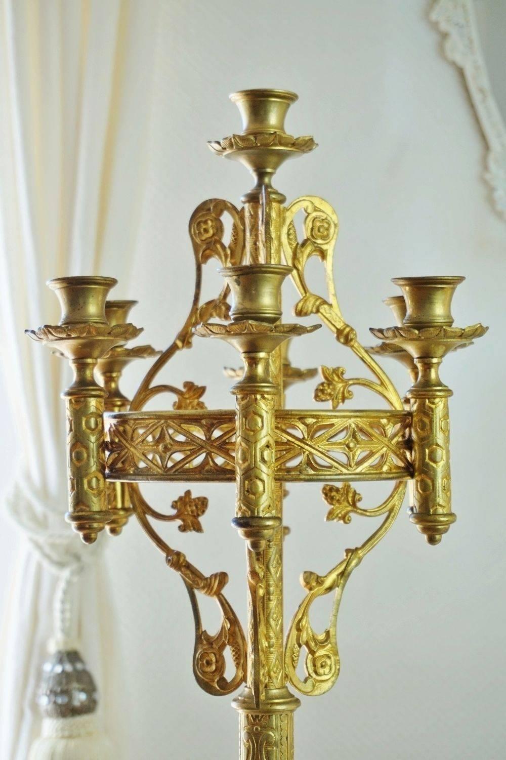 Gothic 19th Century Gilt Bronze and Brass Church Candelabra Seven-Light Candleholder