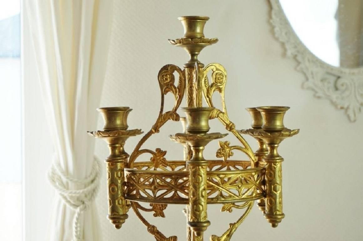 Spanish 19th Century Gilt Bronze and Brass Church Candelabra Seven-Light Candleholder