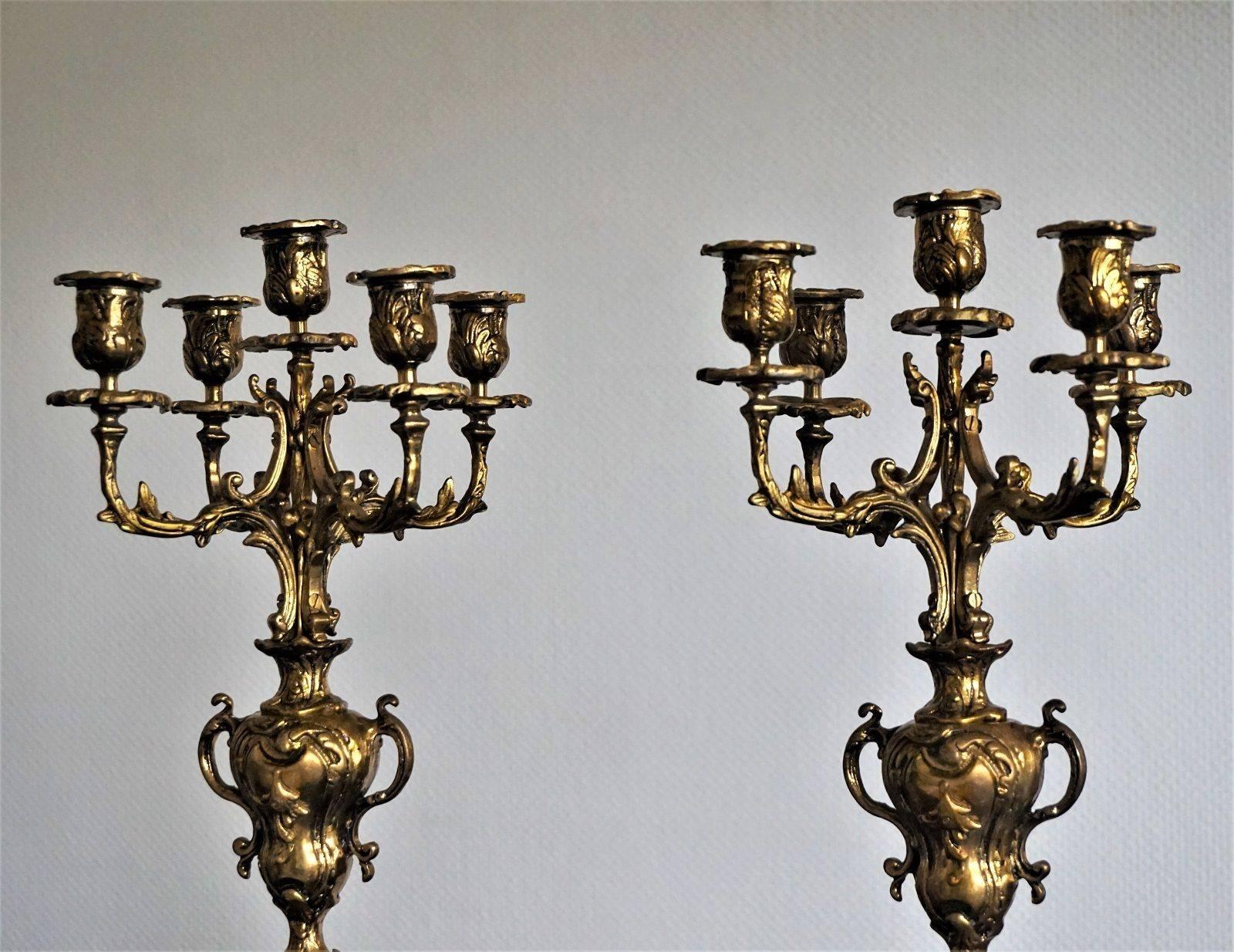 French Pair of Large Art Nouveau Bronze Five-Light Candelabra Candle Holders circa 1890