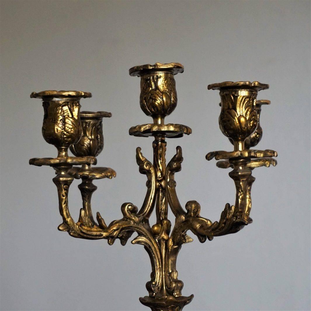 Late 19th Century Pair of Large Art Nouveau Bronze Five-Light Candelabra Candle Holders circa 1890