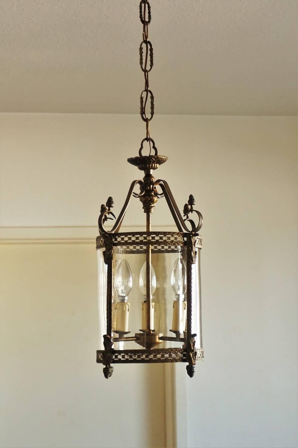 Art Nouveau Brass and Glass Cylinder Lantern Pendant Chandelier, circa 1910 In Good Condition In Frankfurt am Main, DE