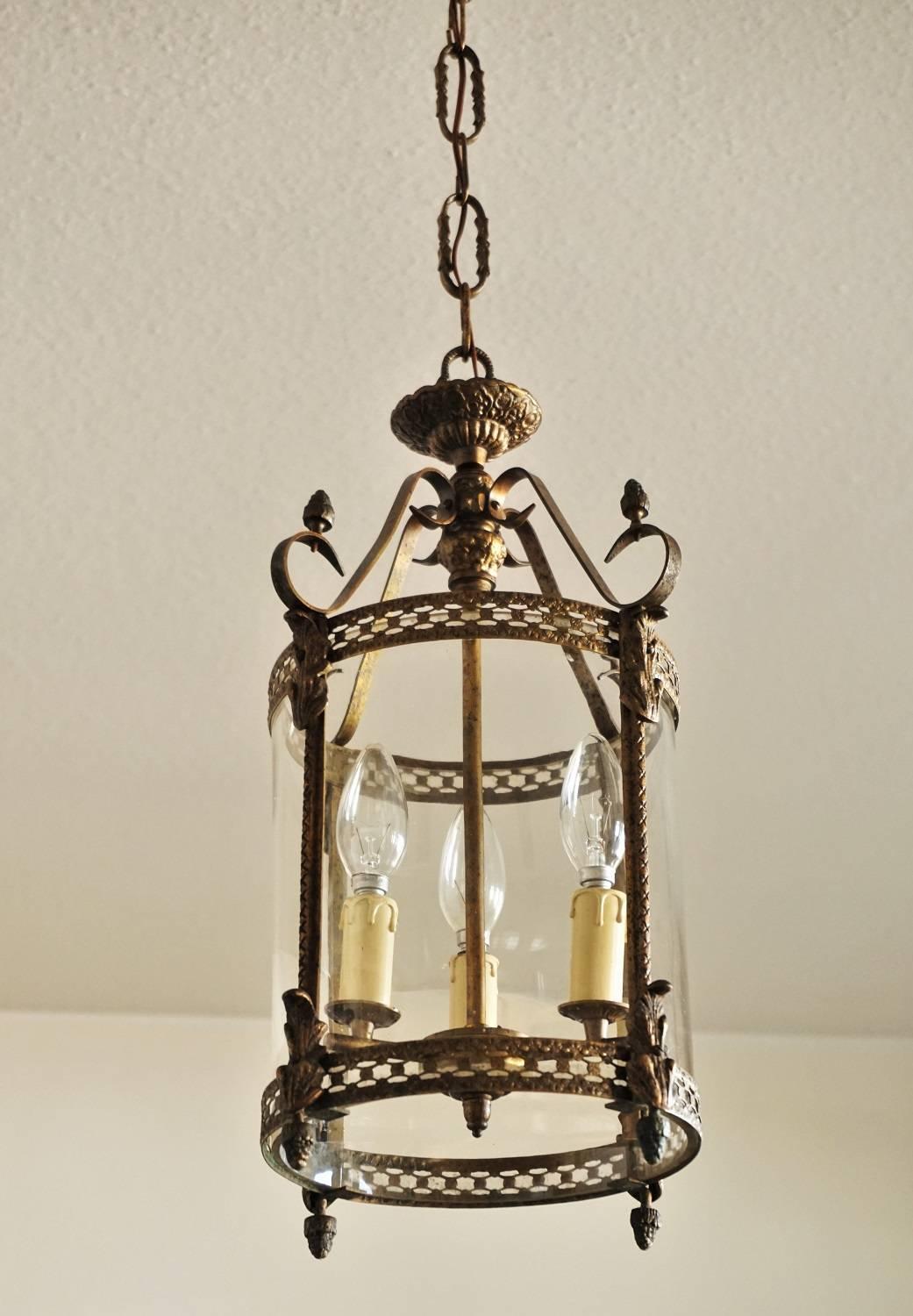 Burnished Art Nouveau Brass and Glass Cylinder Lantern Pendant Chandelier, circa 1910