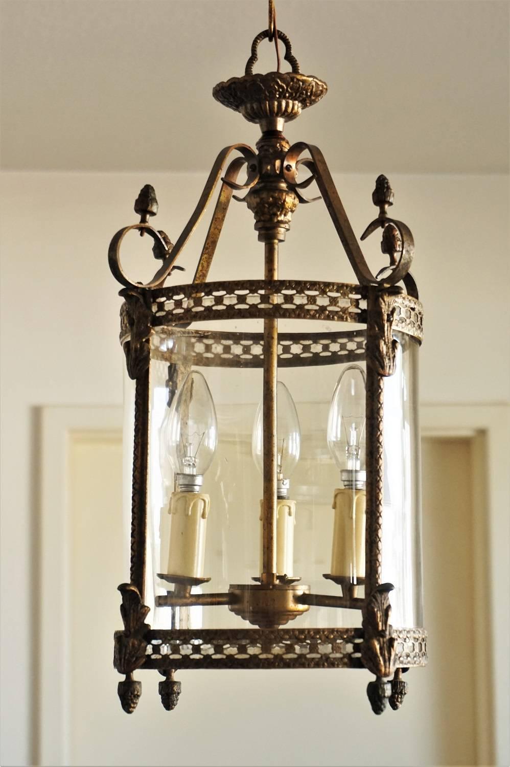 Italian Art Nouveau Brass and Glass Cylinder Lantern Pendant Chandelier, circa 1910