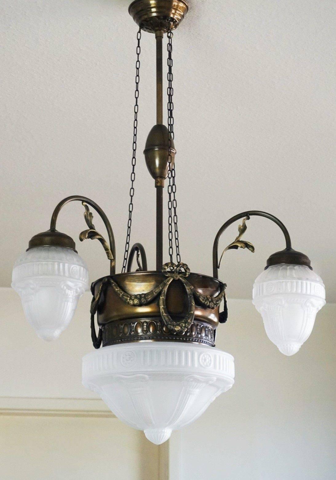 French Art Nouveau Brass Four-Light Chandelier Pendant Glass Globes circa 1920 In Good Condition In Frankfurt am Main, DE