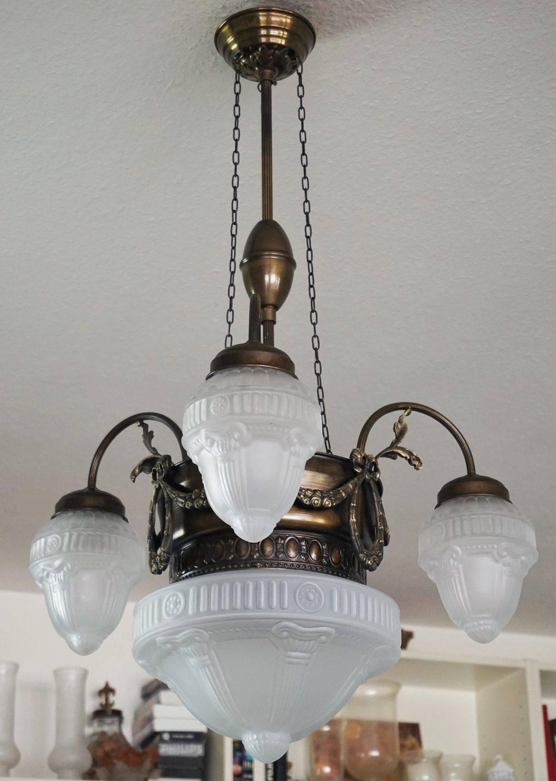 Frosted French Art Nouveau Brass Four-Light Chandelier Pendant Glass Globes circa 1920