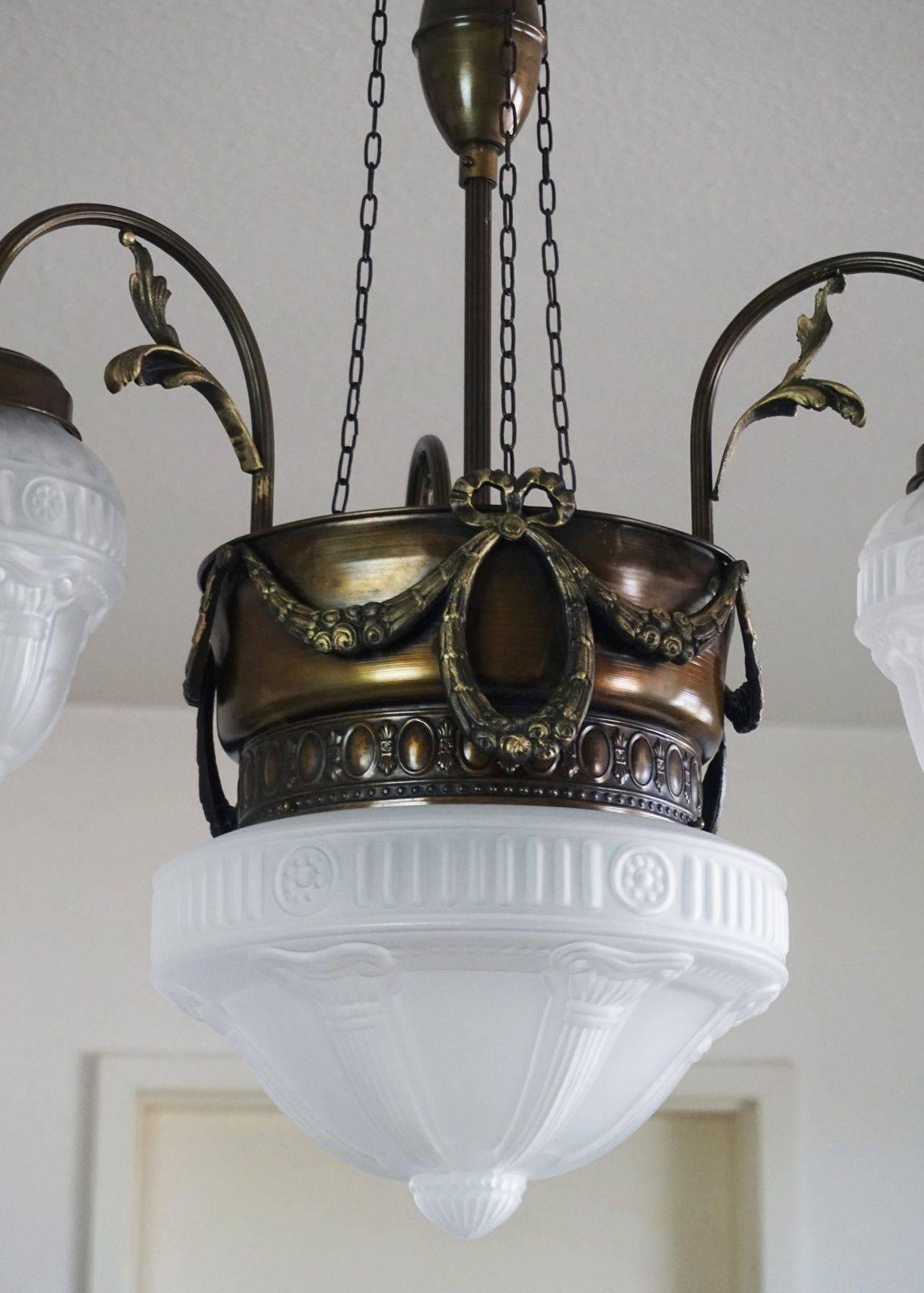 French Art Nouveau Brass Four-Light Chandelier Pendant Glass Globes circa 1920 1