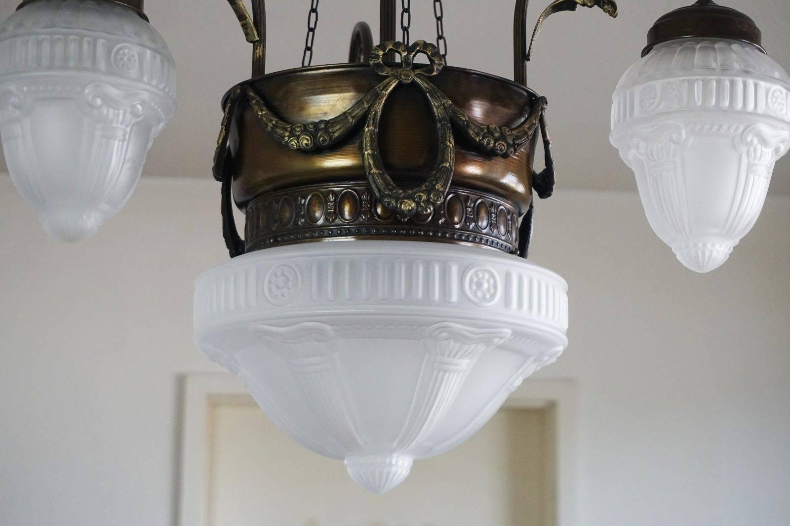 20th Century French Art Nouveau Brass Four-Light Chandelier Pendant Glass Globes circa 1920