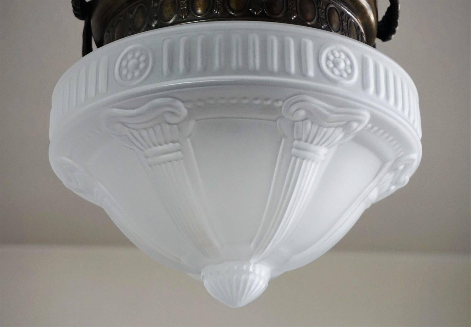 French Art Nouveau Brass Four-Light Chandelier Pendant Glass Globes circa 1920 2