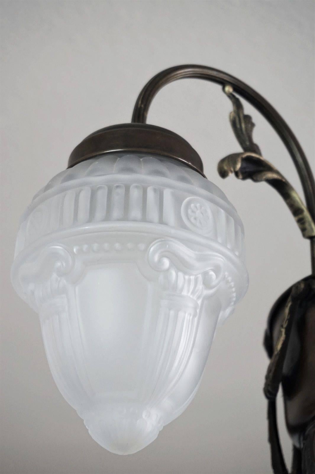 French Art Nouveau Brass Four-Light Chandelier Pendant Glass Globes circa 1920 3