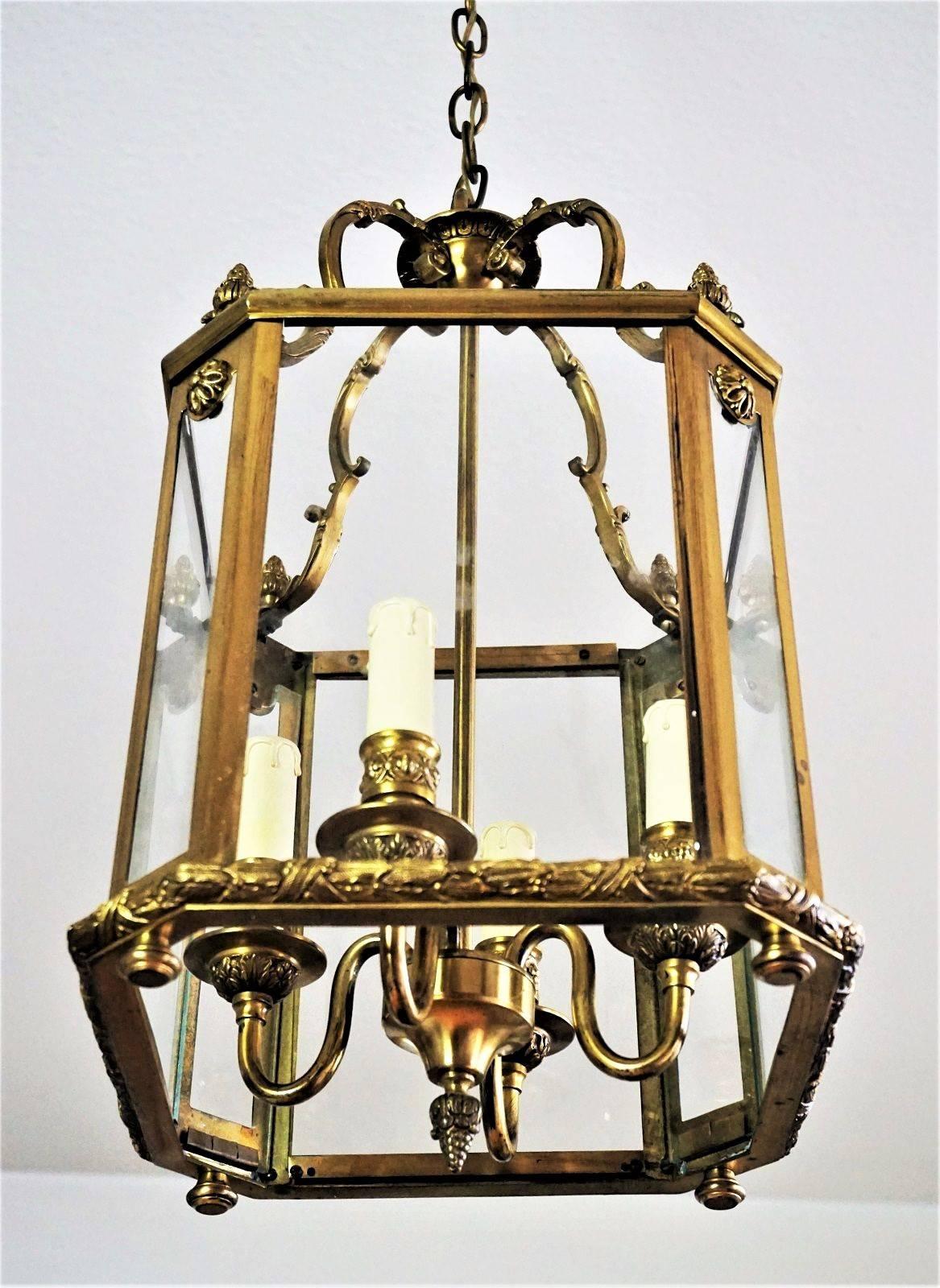 French Art Deco Brass Four Light Lantern Pendant with Bronze Accents, circa 1940 1
