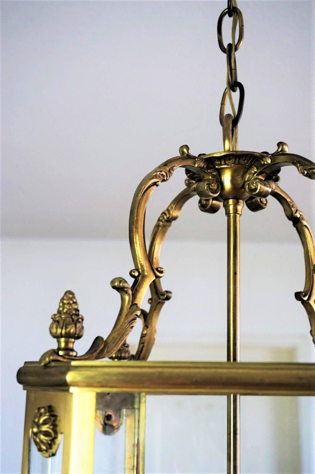 Mid-20th Century French Art Deco Brass Four Light Lantern Pendant with Bronze Accents, circa 1940